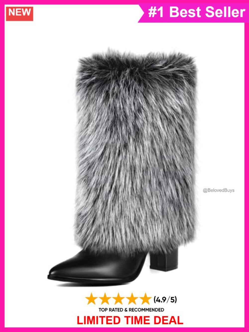 Faux Fur Chunky Heel Mid Calf Boots Pointed Toe Zip Furry Winter Boots